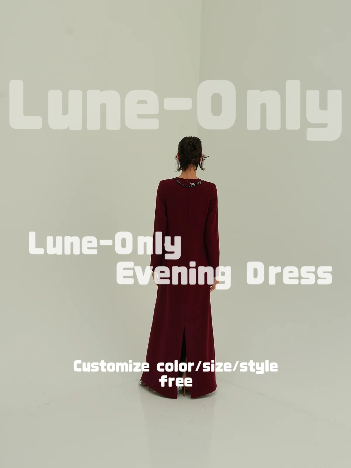 فساتين سهرة مخصصة باللون العنابي فضفاضة من الخرز الوردي وأكمام طويلة ورقبة مستديرة أنيقة للحفلات الراقصة فستان رسمي #3