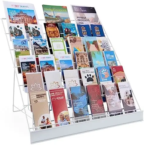 6‑Tier Wire Countertop Literature Rack, White Wire Book & Magazine Display Stand with Open Shelves and Sign Channel