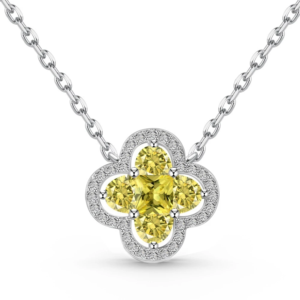 Wong Rain 925 Sterling Silver 4MM Princess Cut Lab Sapphire Citrine Gemstone Four-leaf Clover Pendant Necklace Fine Jewelry Gift