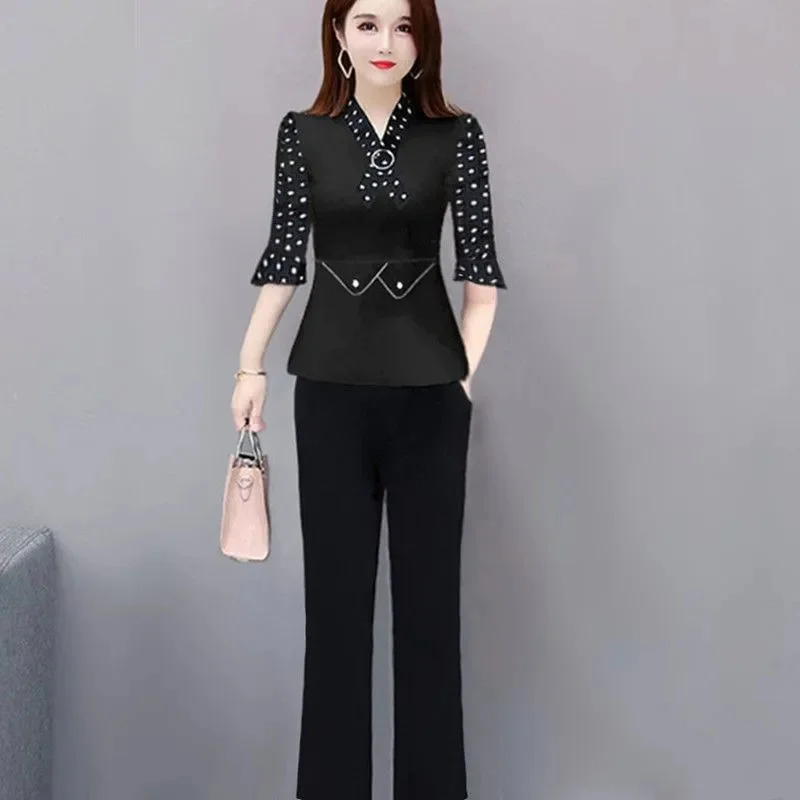 5XL Women Pants 2-Piece Set 2025 Spring Autumn Suit Middle Aged Female Shirt Tops+ Wide leg Pants Two-Piece Suit Profession Suit image 3