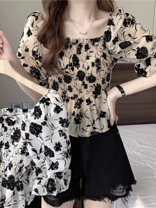 Sweet Floral Design Women's T-shirt Bubble Sleeve High Elasticity Base Shirt Korean Style Summer Fashion Breathable Short Sleeve