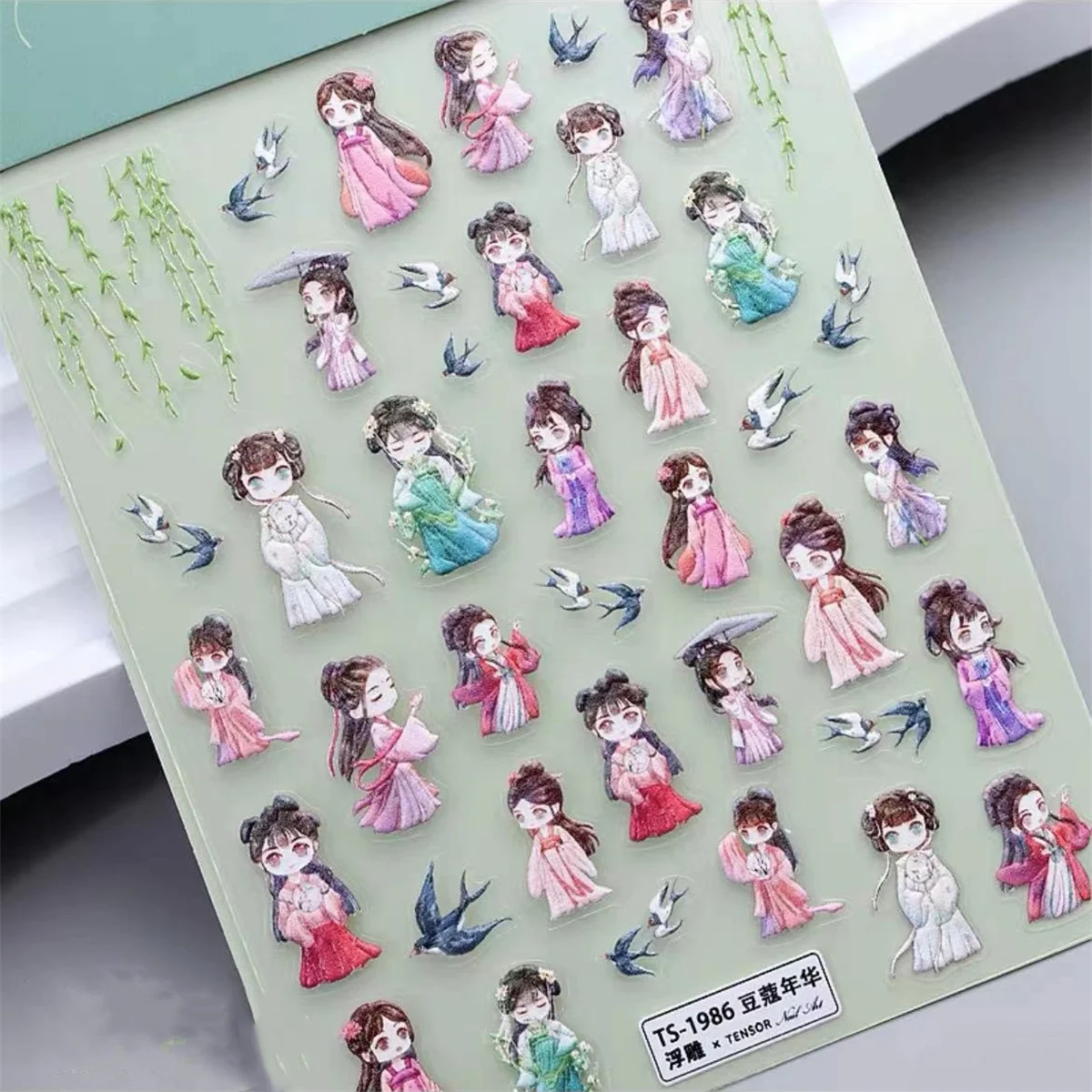 1pcs 5D Relief Kawaii Chinese Styles Nail Art Stickers Young Girl Self Adhesive Transfer Nail Decorations Slider Decals Ornamen