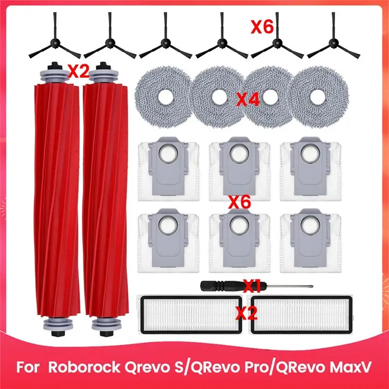 

Запчасти для робота-пылесоса Roborock Qrevo S/Qrevo Pro/Qrevo Maxv: основная и боковые щетки, HEPA-фильтр, салфетка для влажной уборки, мешки для сбора пыли.
