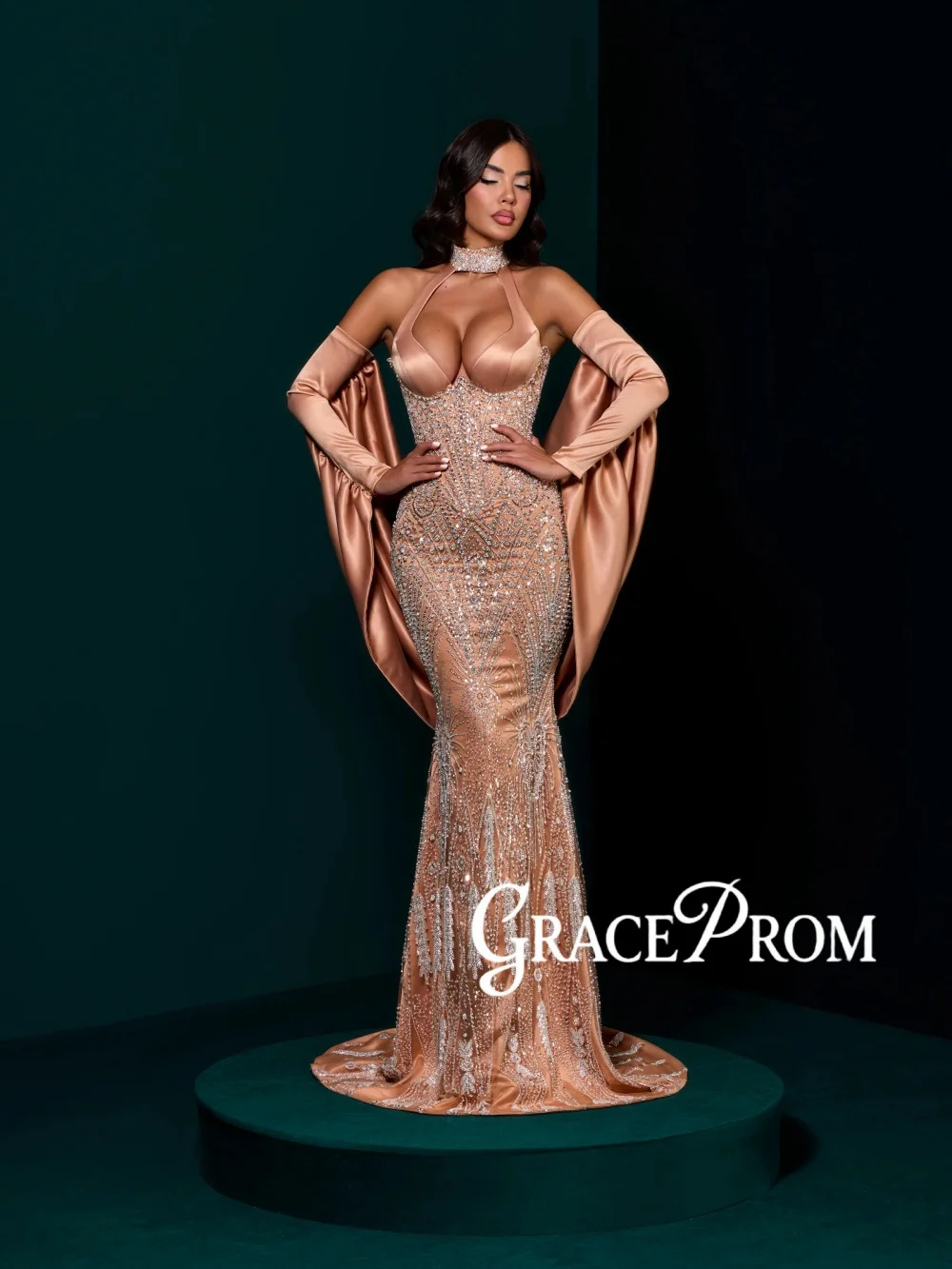 

New Embroidery Beaded Evening Dress With Shawl Halter Elegant Mermaid Wedding Party Gown Customized Luxury Red Carpet Gowns