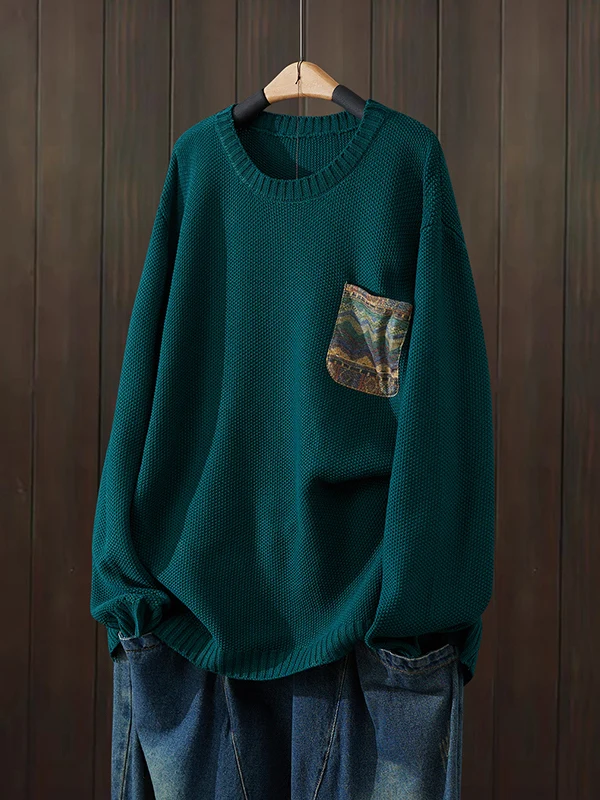 เสื้อสเวตเตอร์ถักไหมพรมหลวมๆ สำหรับผู้หญิง ฤดูใบไม้ร่วง 2025 ผ้าฝ้ายลายดอกไม้แบบปะติด  ลำลอง ไซส์ใหญ่ คอกลม  ผ้าเนื้อนุ่ม