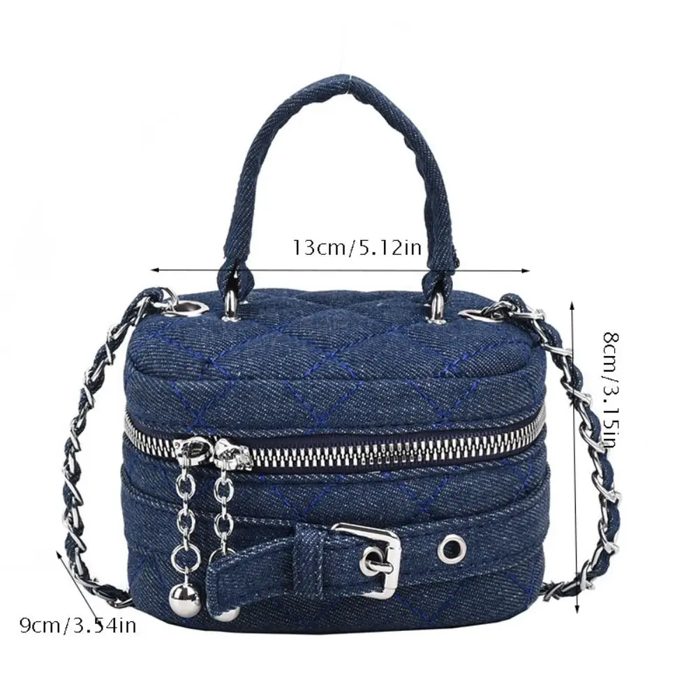 Saco de balde denim com corrente para meninas, bolsa crossbody simples, bolsa pequena, denim