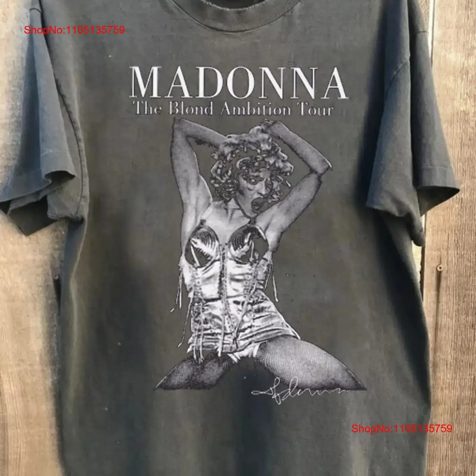 Madonna The Blond Ambition tour camisa clásica de manga corta color carbón KV32722 vintage lavado gráfico homme streetwear