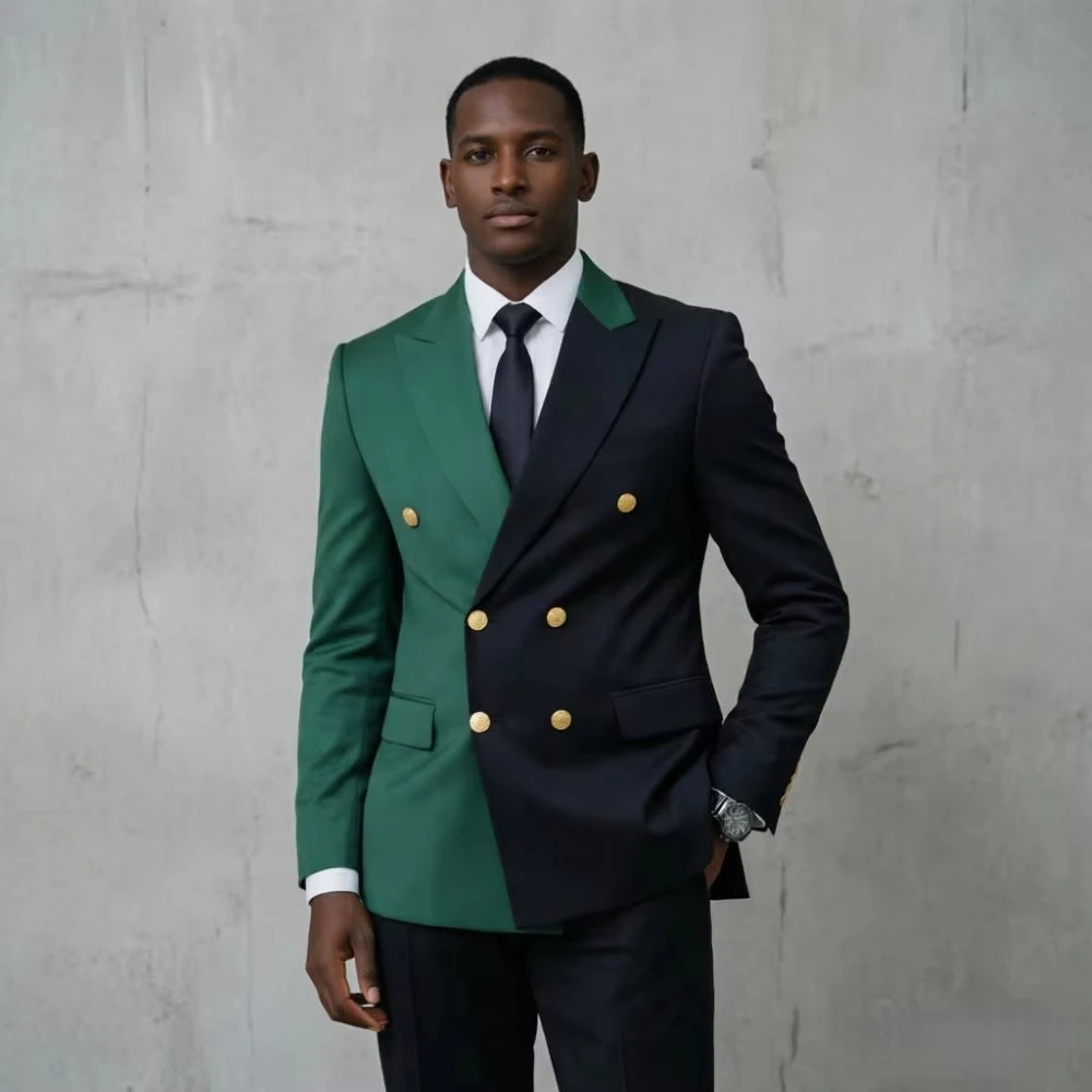 Men Green Black Contrast Color Suits Slim Fit Double Breasted 2 Pieces Wedding Tuxedo Flap Pockets Cuff Buttons Office Wear
