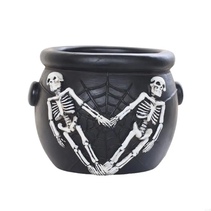 Halloween Skull Planter Pot, Resins Cauldron Decors with Skeleton Relief, Mini Succulents Flower Pot for Table Shelf and 37JD