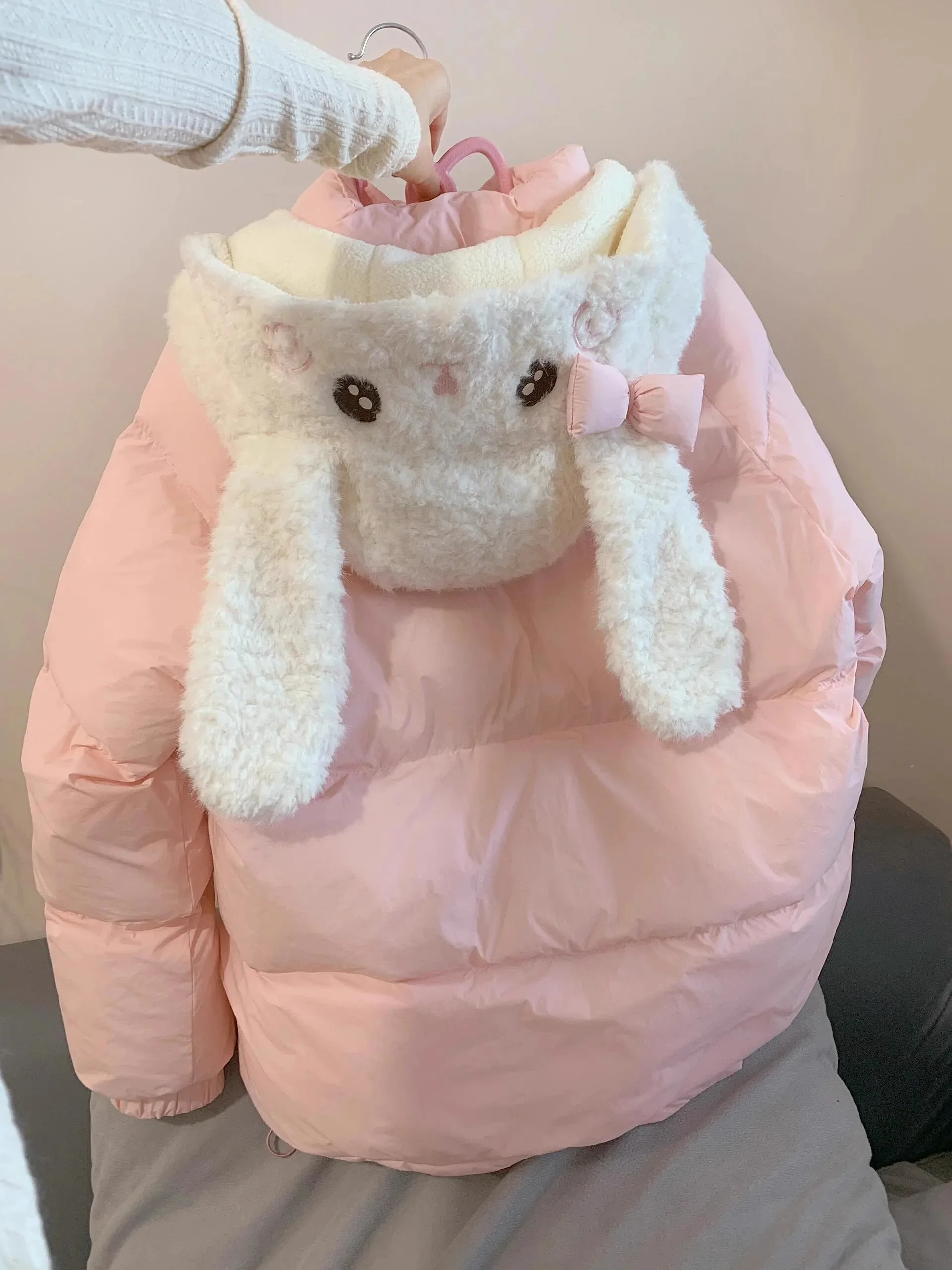 Women's Kawaii Parkas Cute Sweet Cartoon Print Removable Hat Cotton Padded Coats Students Warm Thickened Loose Winter Jacket