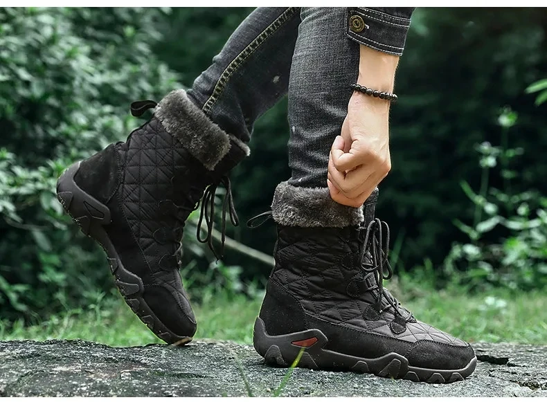 New Winter Men Snow Boots Fur Plush Warm Men Ankle Boots Plus Size Waterproof Men Boots Outdoor Non-Slip Hiking Boots Work Shoes