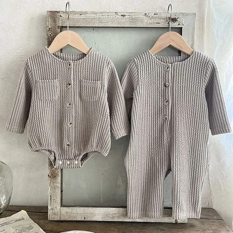 

New Unisex Newborn Baby Clothes Solid Color Baby Rompers Cotton Knitted Long Sleeve Toddler Jumpsuit Pit Button Infant Clothing