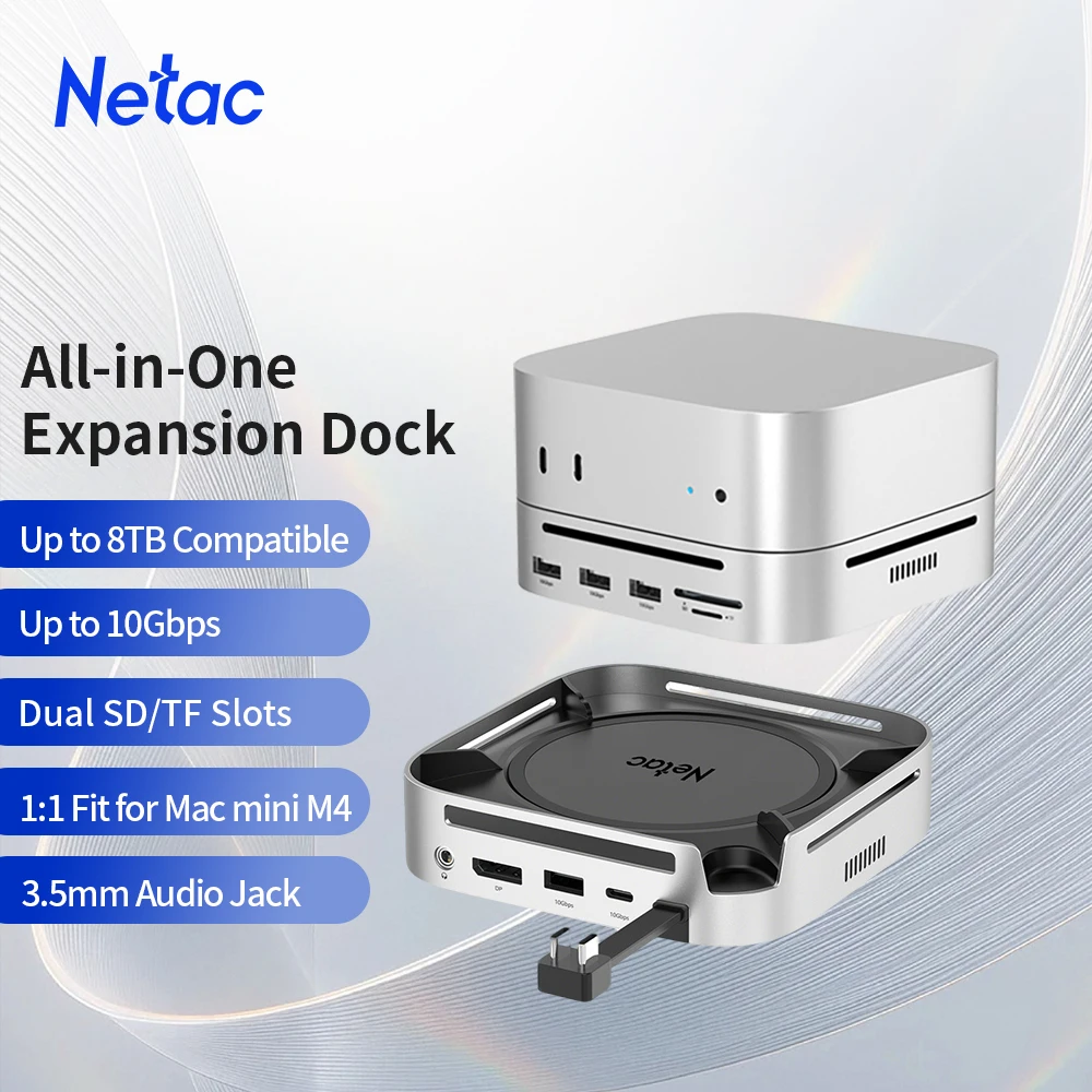Netac USB Splitter Dock for Mac mini4 4K@240 Ultra HD USB 3.2*5 Up to 10Gbps M.2 NVME SSD 8TB WF23 3.5mm for headhones and mic