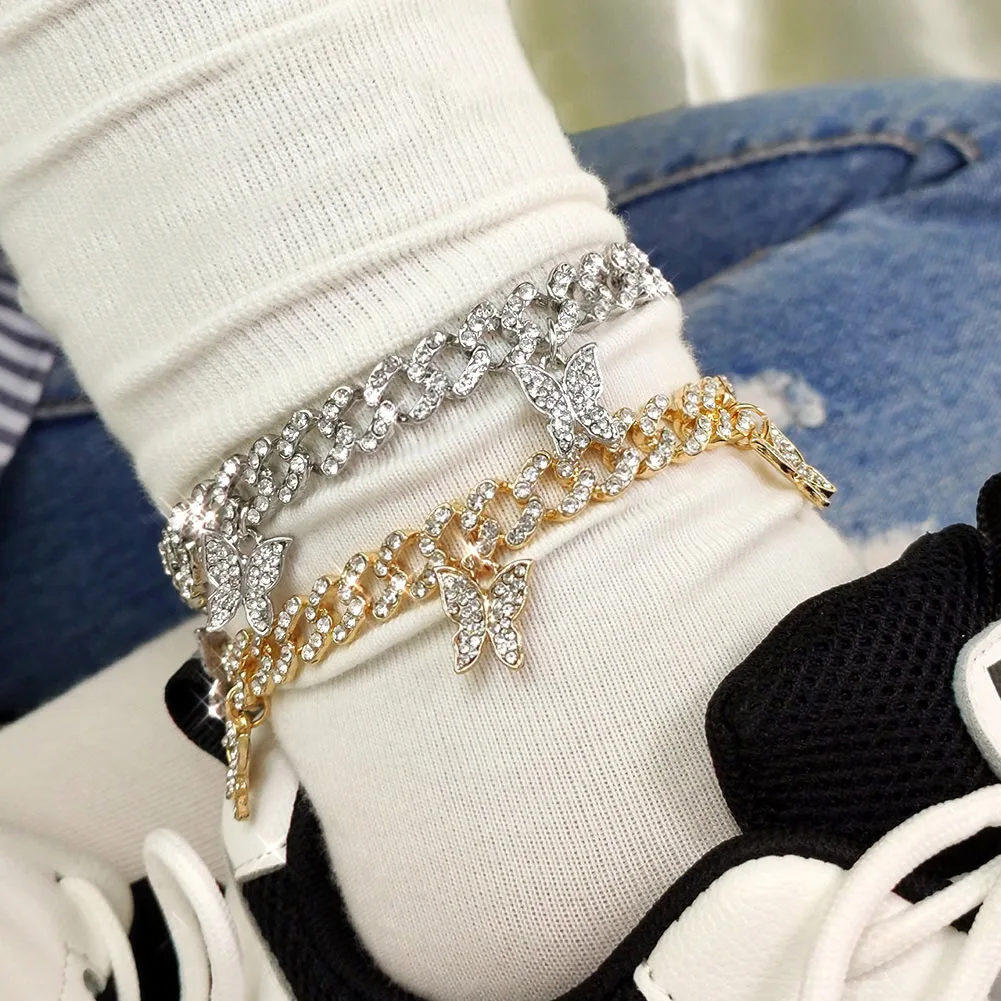 New Fashion Crystal Butterfly Anklet Bracelet For Women Iced Out Micro Rhinestones Paved Cuban Link Chain Anklets Punk Jewellery image 4