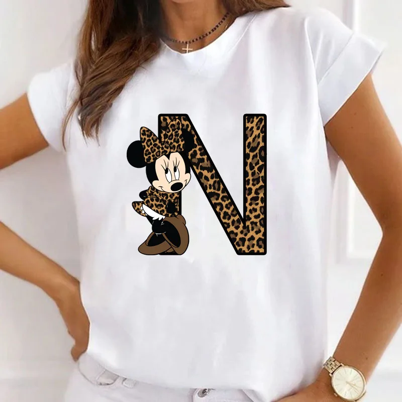 

Minnie Mouse A-Z 26 English Letters Leopard Print Women's T-shirt White Harajuku Short Sleeve Summer Clothes Female Tee T-Shirt