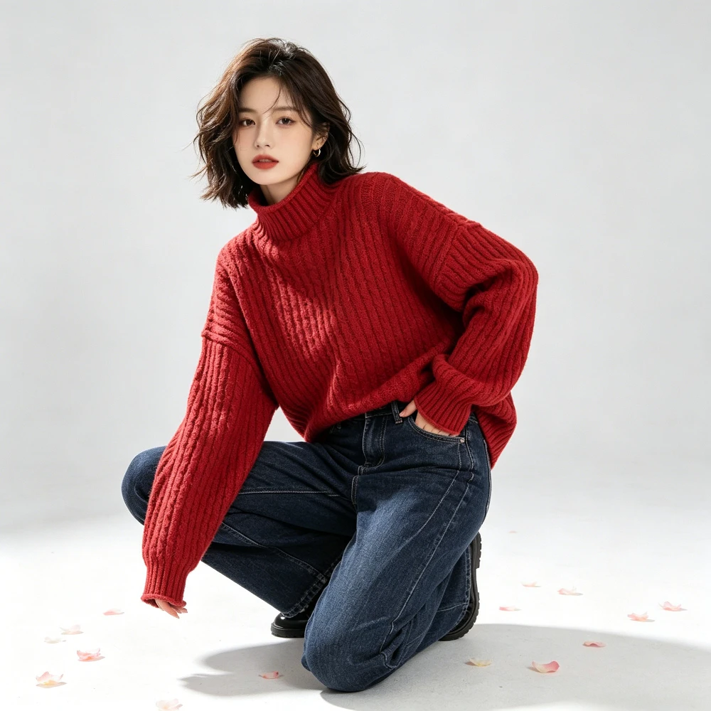 Women Premium Solid Cable Knit Turtleneck Pullover Sweater,Loose Knitwear For School Uniform Layering&Anime Cosplay Daily Outfit