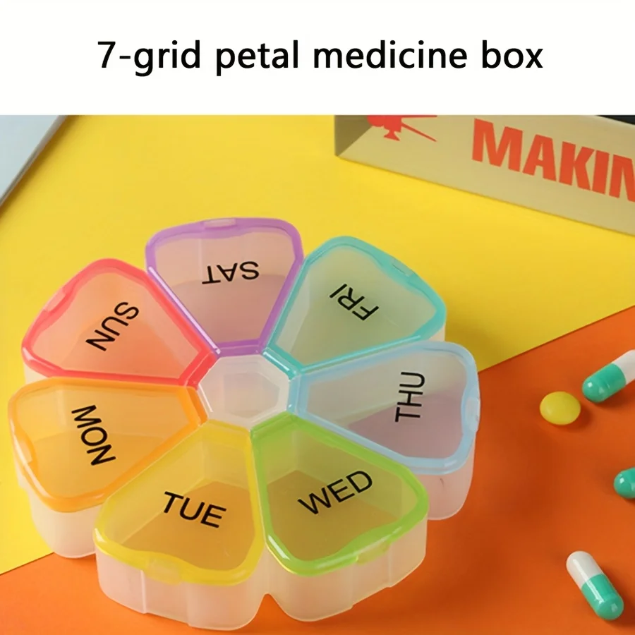 7-day weekly portable 7-grid pill box, divided into petal shaped pill boxes