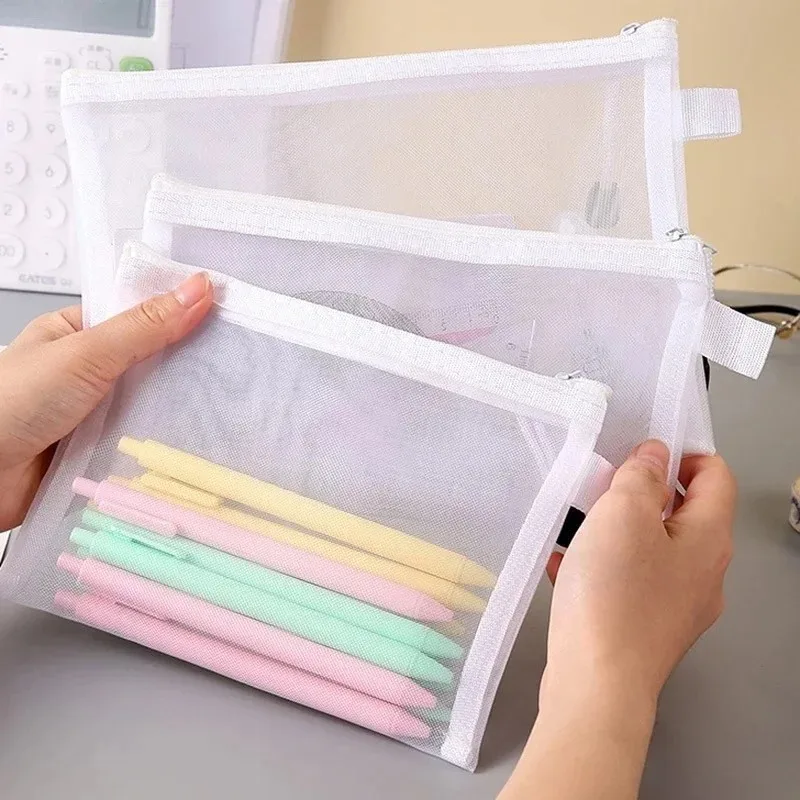 Waterproof Portable Clear Mesh Storage Zipper Pouch Multipurposes Organizer Bag For Cosmetics Stationery Documents Toys School O