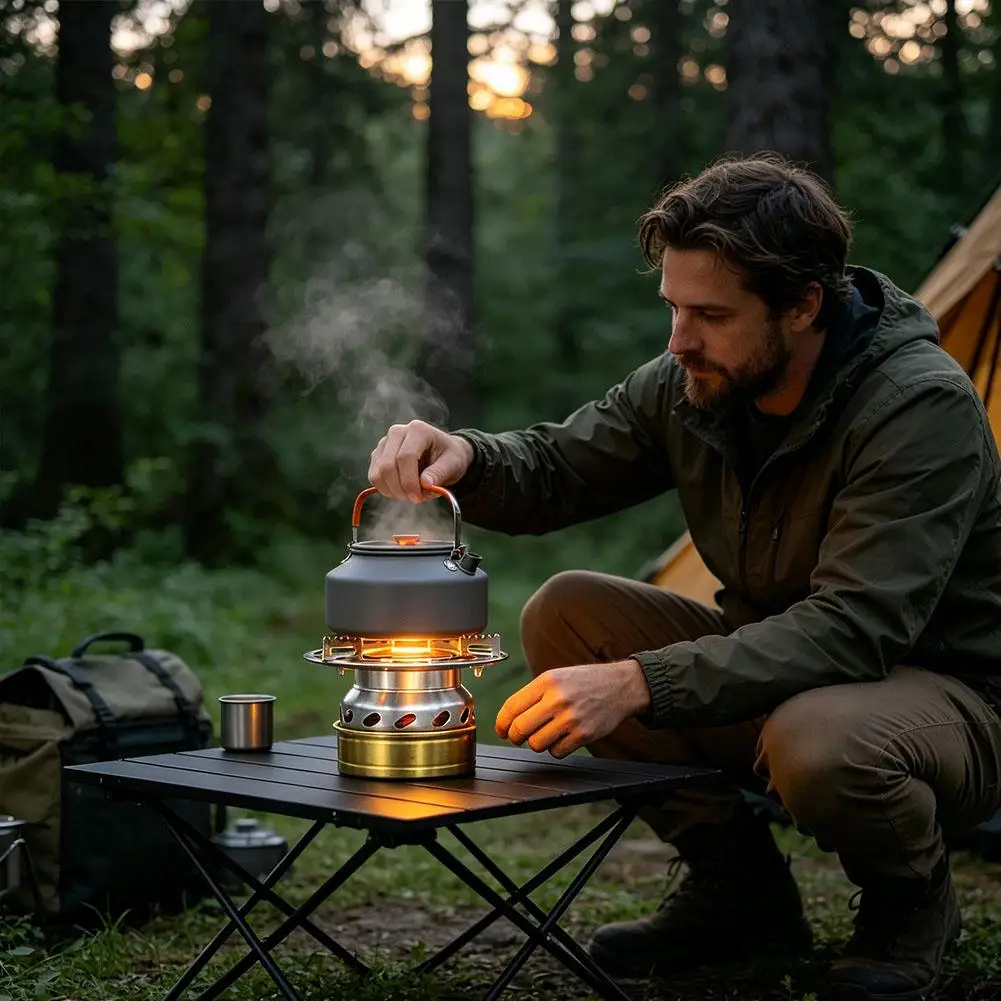 Portable Outdoor Alcohol Camping Stove Set 274g, Metal Alcohol Furnace with Wind‑Resistant Stand & Serrated Pot Support, Compact