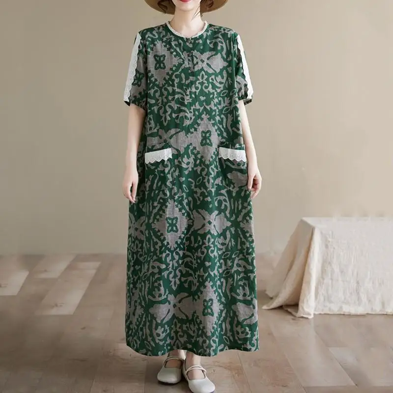 Abiti lunghi larghi midi floreali vintage in lino di cotone taglie forti a maniche corte con tasca Abito estivo ampio da donna coreano giapponese Mori