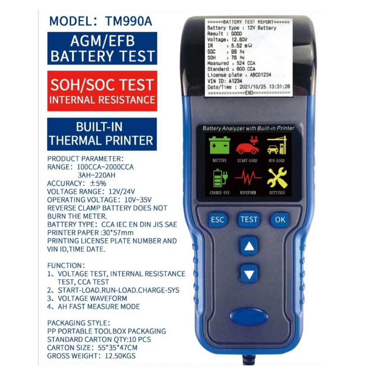 Built In Printer Battery Tester For Battery Life Detection Battery Internal Resistance Support For AGM/EFB Batteries TM200/TM990