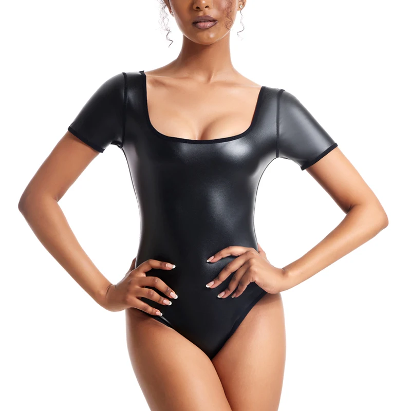 Swimwear Women PU Leather One Piece Swimsuit Black Short Sleeve Bathing Suit Sexy Mini Monokini Swimwear Woman Leather Swimsuits