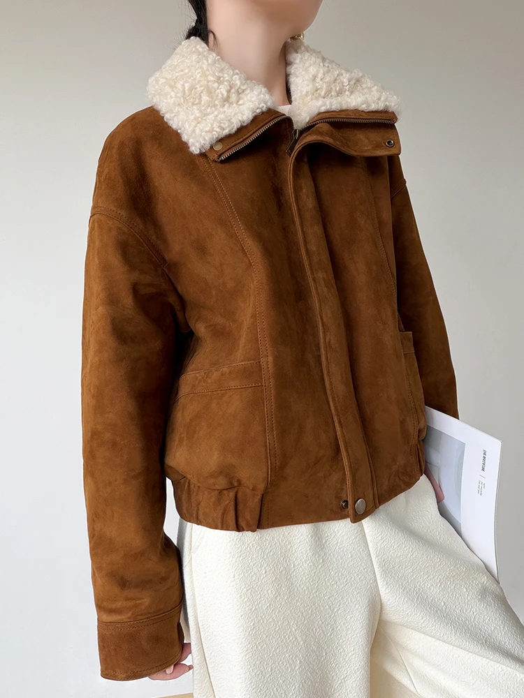 Krótkie kurtki zimowe damskie z prawdziwej skóry vintage, zamszowe, wysokiej jakości, proste, z naturalnym kołnierzem z wełny jagnięcej, prawdziwa skóra kozia, płaszcz z puchem gęsim.