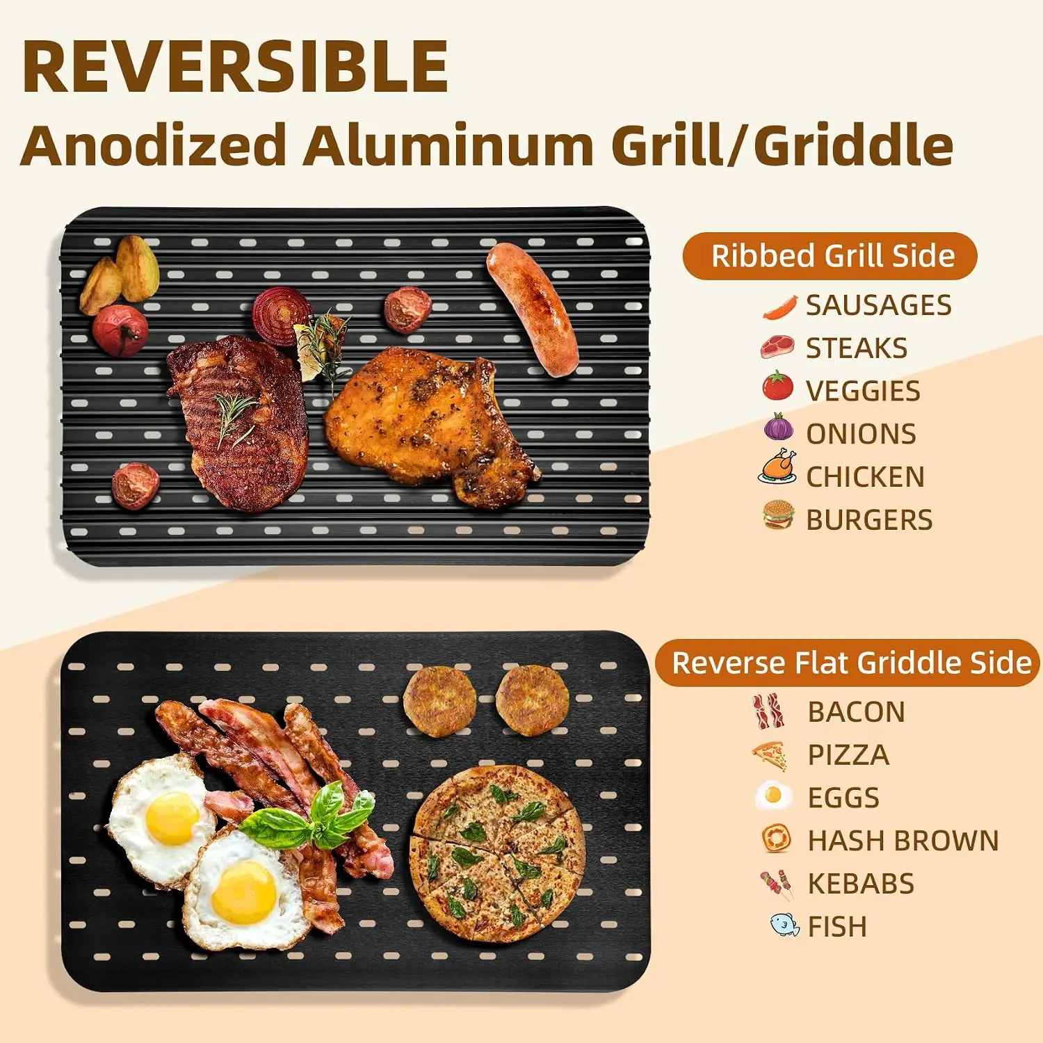 18.25'' x 11.5'' Reversible Aluminum Sear Grill Grate, Non-Stick Grill Accessory Producing Competition-Grade Sear Marks, Locks in Food Flavor & Moisture, Fits Most Grills