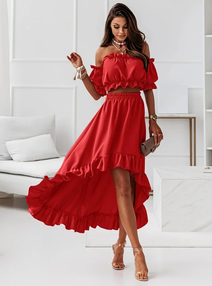 

Summer Elegant Ruffle Backless Two Piece Set Women Outftis 2024 Sexy Slash Neck Puff Sleeve Strapless Casual Ladies Dresses Robe