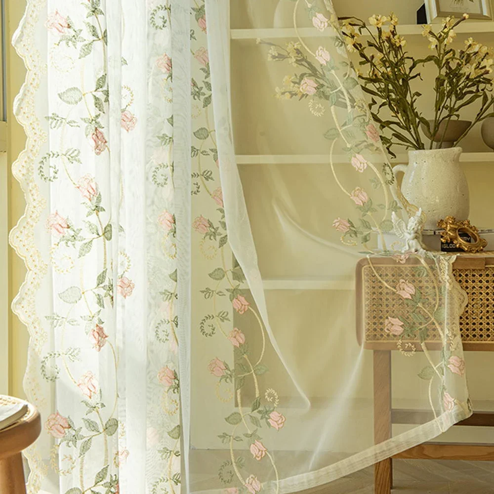 Koreanische Rosa Rose Sheer Spitze Vorhang für Mädchen Zimmer Schlafzimmer Romantische Idyllische Blaue Blumen Stickerei Voile Fenster Vorhänge ZH741