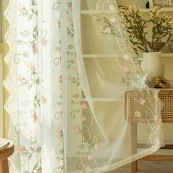 Korean Pink Rose Sheer Lace Curtain for Girls Room Bedroom Romantic Idyllic Blue Floral Embroidery Voile Window Curtains ZH741
