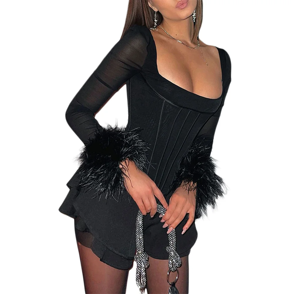 Women\'s Feather Body Shaping Tops Shapewear Skinny Blouse Black Long Feather Sleeve Low Cut  Flared Hem Slim Tops