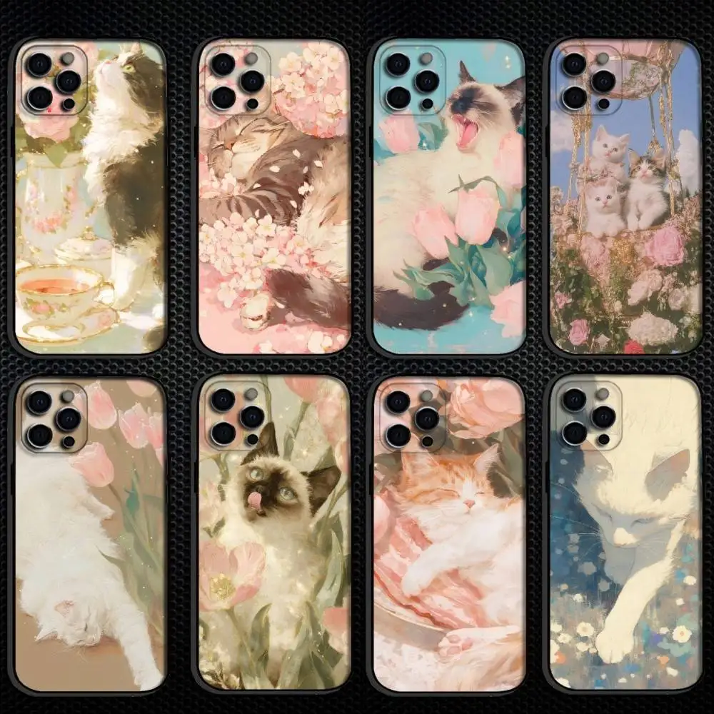 

Cat and flower Phone Case For iPhone 16,15,14,13,12,11 Plus,Pro Max, Others Soft Black Cover