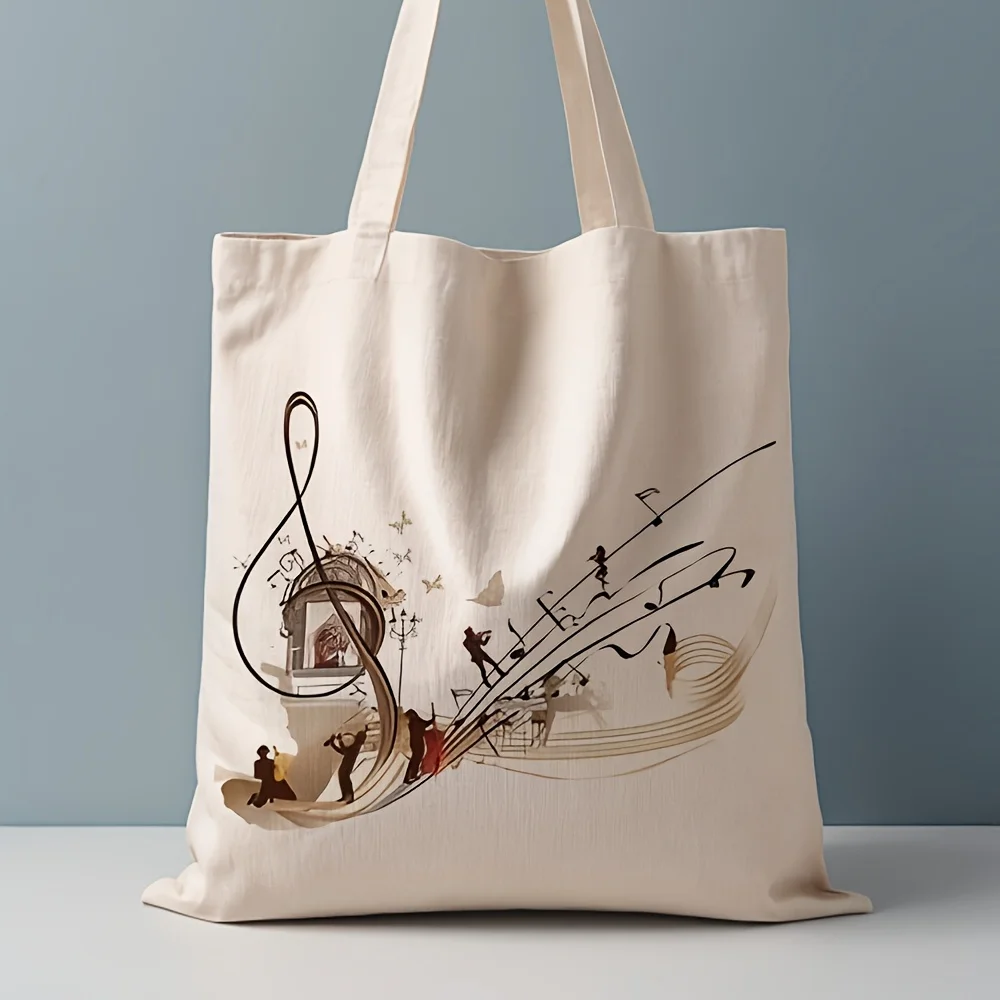 A Musical notation Pattern printed canvas tote bag, suitable for daily use, shopping, school, and travel
