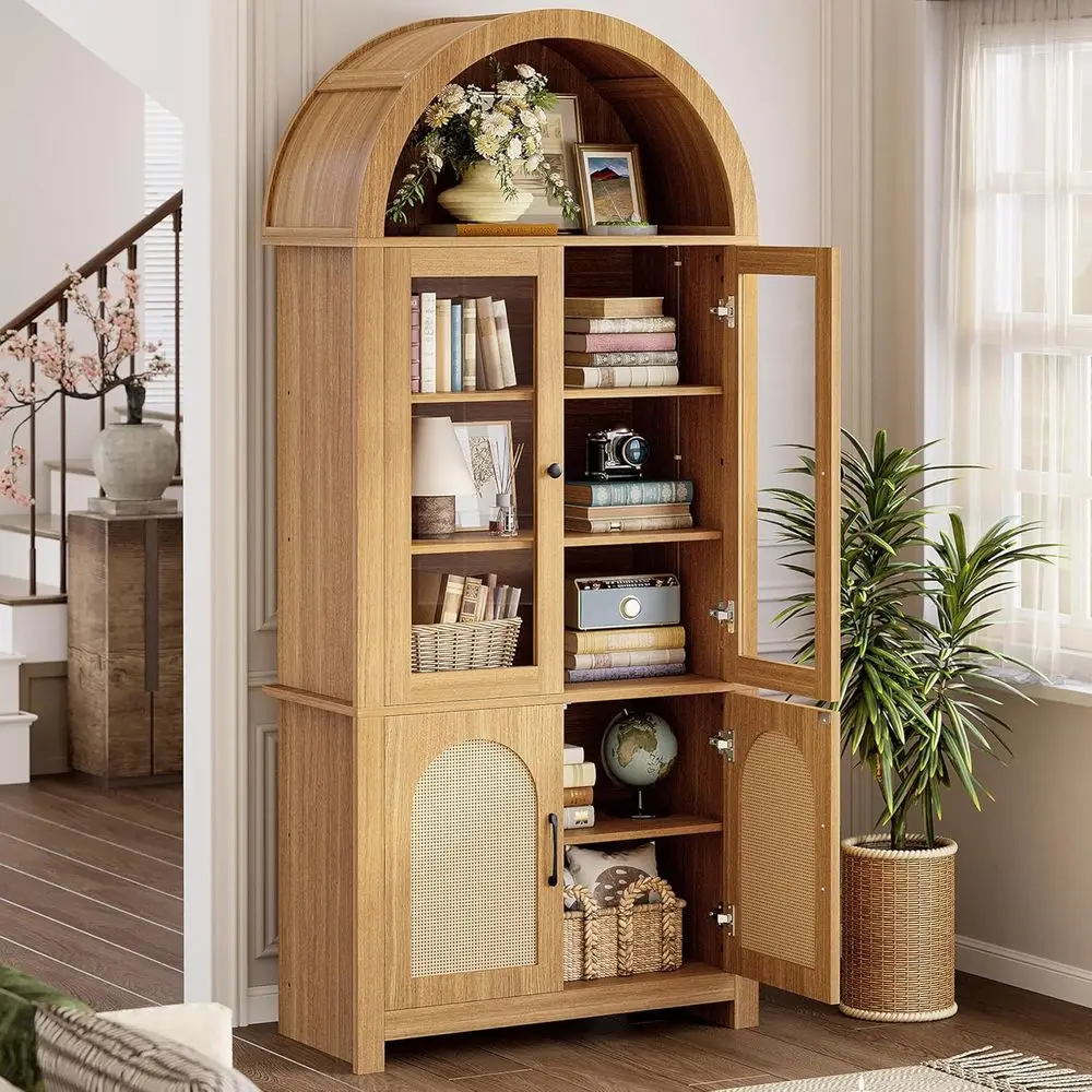Estantería Arqueada IRONCK con Puerta de Vidrio, Librería de 75 Pulgadas de Alto con LED, Mueble de Almacenamiento de 6 Niveles con Puerta de Ratán, Gran Armario Despensero
