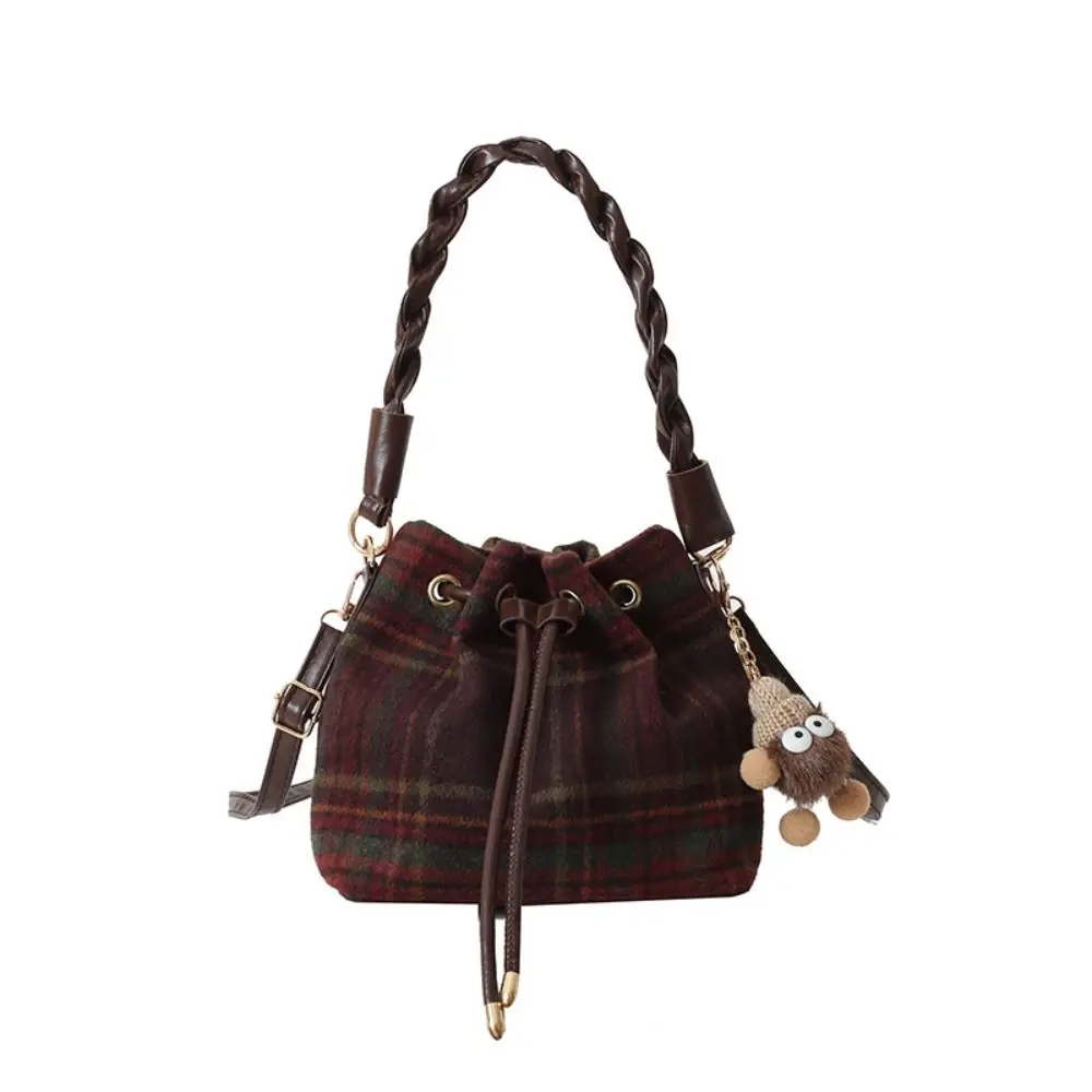 

Stripes Plaid Bucket Bag Fashion Twisted Handles Dark Colors Drawstring Messenger Bag Wool Material Handbag Daily Matching