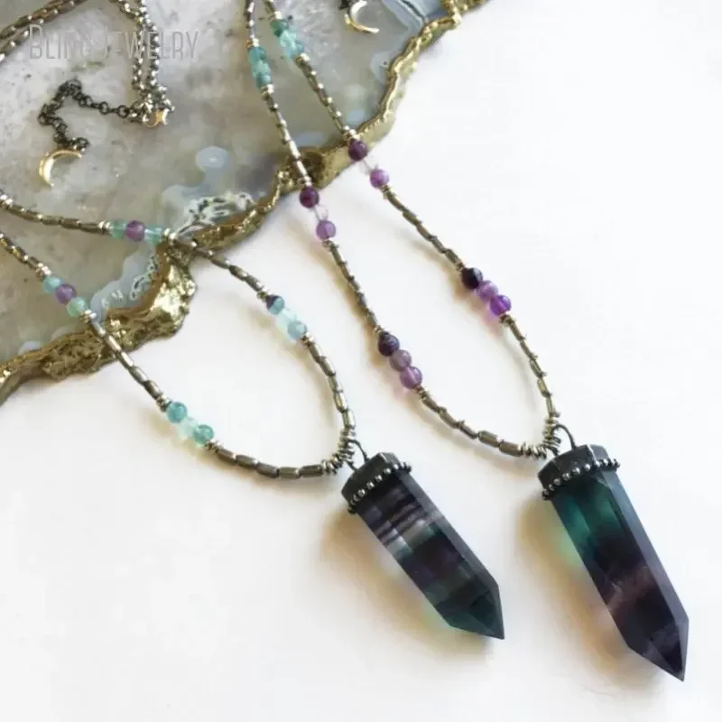 10pcs Rainbow Fluorite Crystal Point Gothic Necklace Tube Bead Talisman Witch Goth Pendulum Obelisk Women  Fairy Grunge Jewelry