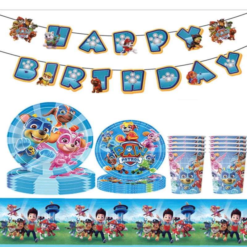 Paw Patrol Birthday Decorations Patrol Paw Party Decor Supplies Balloons Tableware Set Cups Plates Tablecloth Backdrop Banner