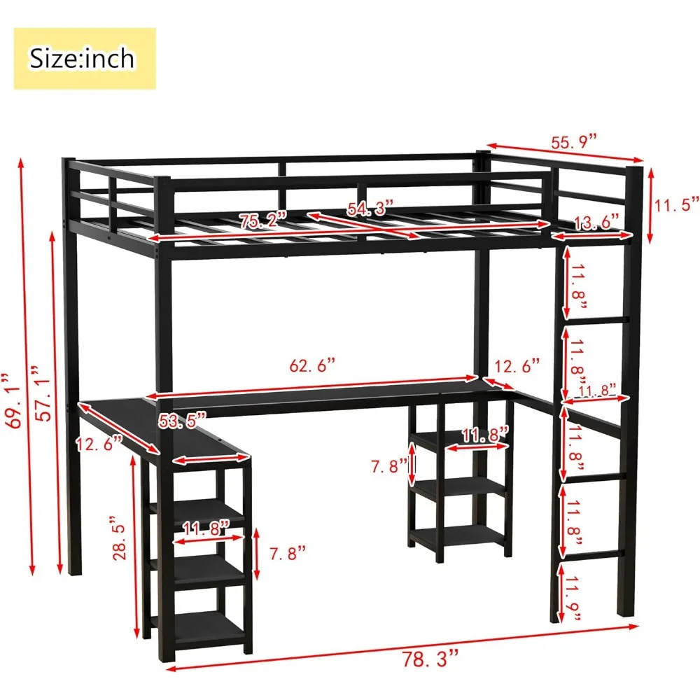 Full Size Loft Bed with Stairs and Desk, Metal Loft Bed with LED Light,  Bed Frame with Storage Shelves and Charging Station