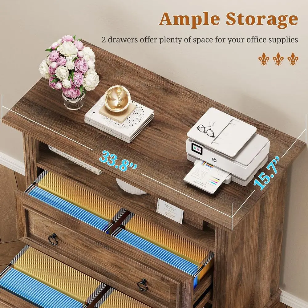 프린터 스탠드와 수납 선반이 있는 A4 목재 측면 파일 캐비닛, 브라운