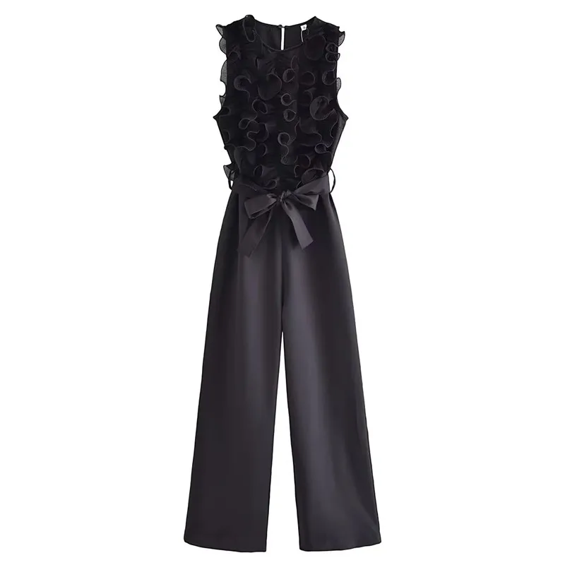 TRAF Ruffle Black Jumpsuit Women Elegant Long Jumpsuits Woman Sleeveless Party Autumn Woman Pleated jumpsuits Women\'s Overalls