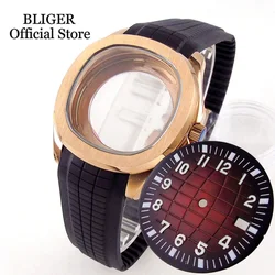 BLIGER Rose Gold 40mm Square Watch Case Sapphire Glass fit NH35A NH36A Glass Back 33mm Dial Green Blue Brown Rubber Strap