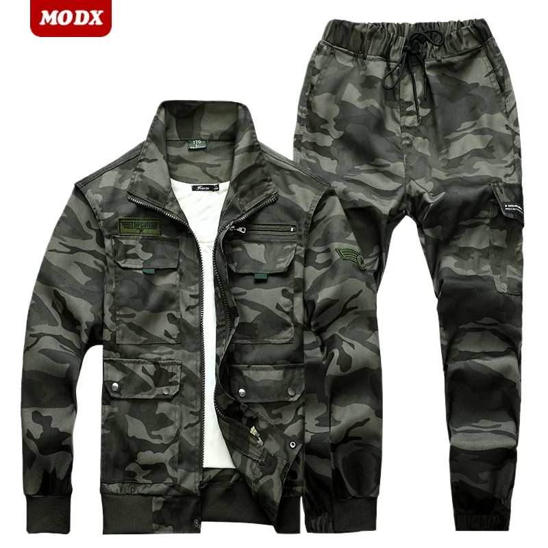 

Spring Autumn Camouflage Set Men Loose Wear Resistant Stain Resistant Tear Work Clothes Outdoor Labor Protection Training Suit