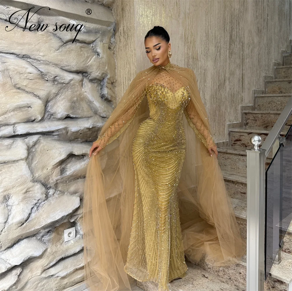 Gold Beading Evening Dresses Customized Women Cape Sleeves Wedding Party Dress Engagement Embellished  Dress Vestidos De Cóctel