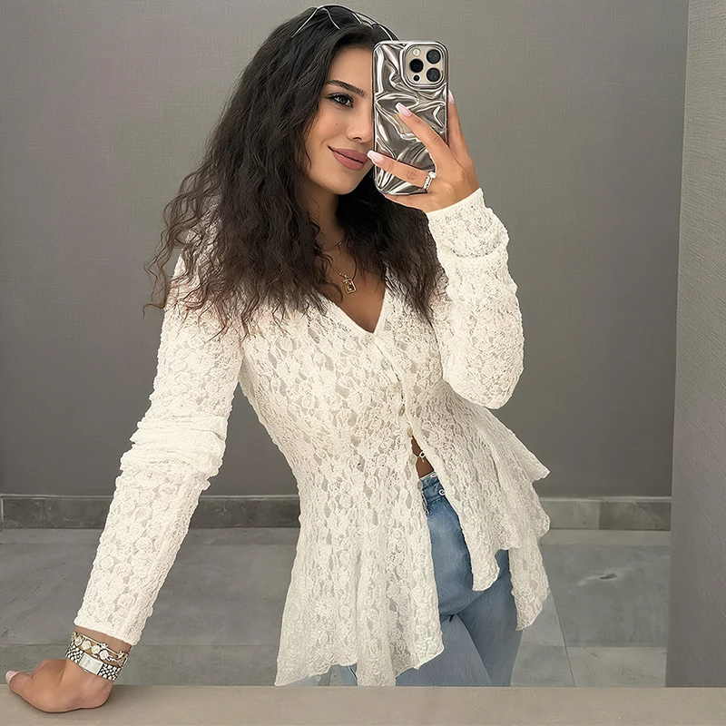 Trendix Hollow Out Long Sleeve Tops Women Fashion Lace Patchwork Sexy Slim Cardigan Shirts 2025 Autumn Casual Elegant Coats Top