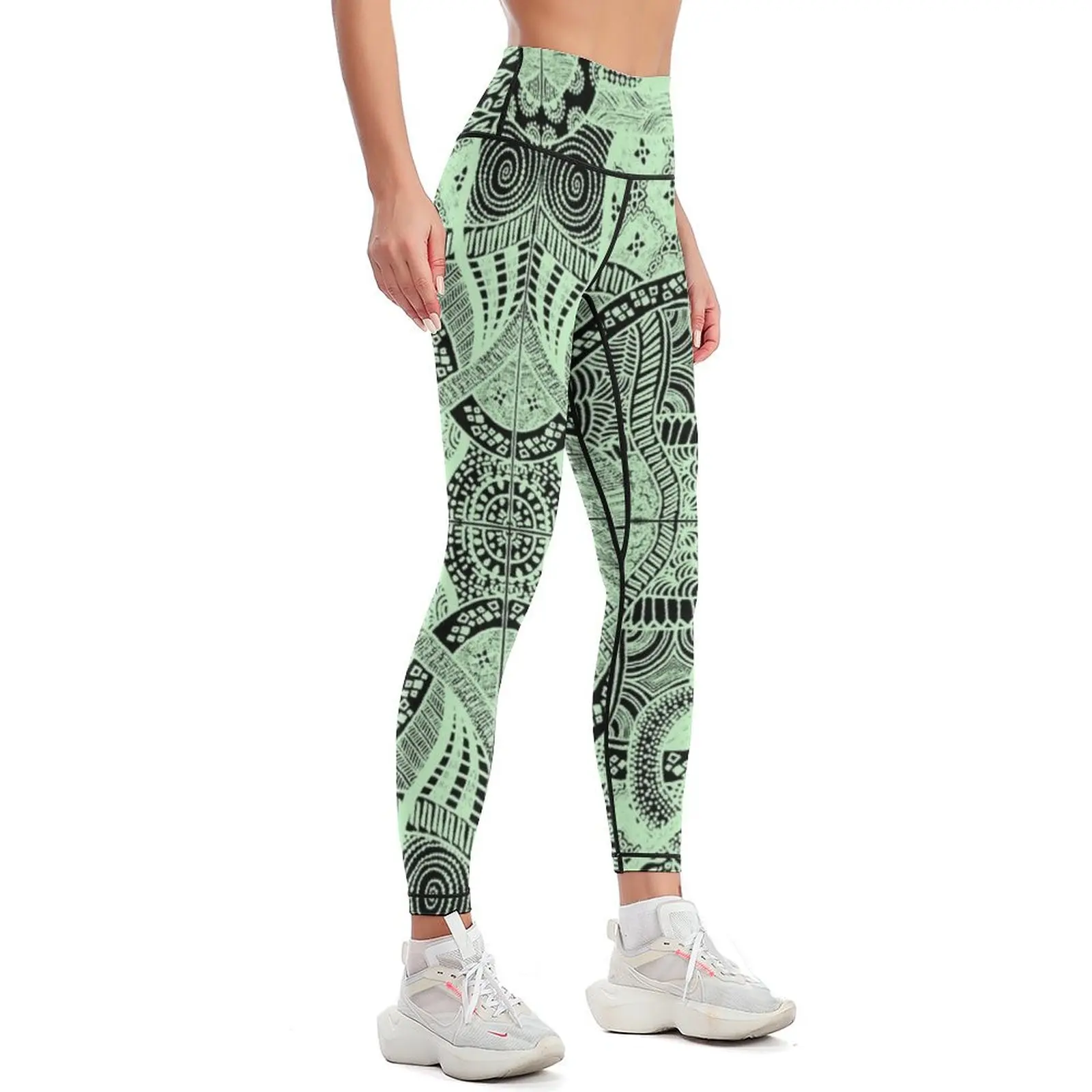 Green Loops Over Black Abstract Hyperdetailed Zentangle Pattern Leggings push up fitness Women's push up Womens Leggings