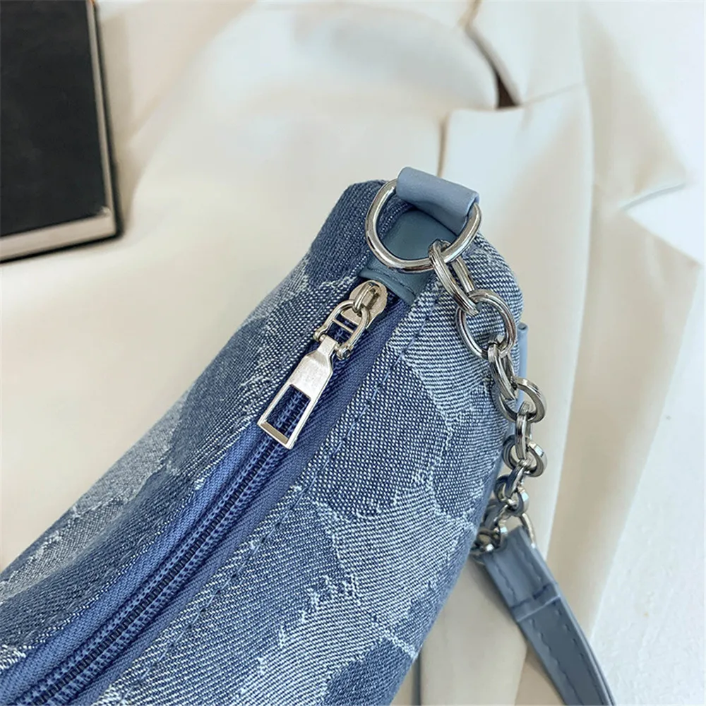 2023 New Fashion Small Square Bag Retro French Women Denim Plaid Pattern Totes Shoulder Bags Trend Female Underarm Chain Handbag