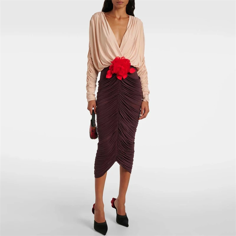 

2025 spring new women's sexy deep V backless long sleeve bag hipSkirt y2k high quality splicing pleated flower design long dress
