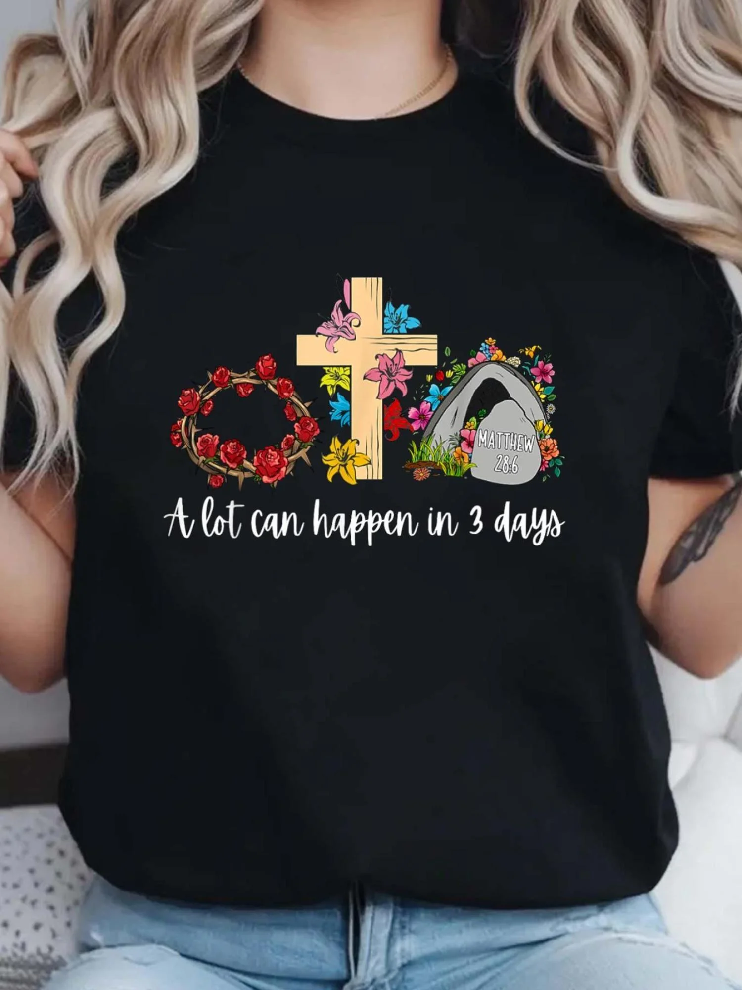 Women's Easter Floral Pattern T-Shirt, Black Round-Neck Short-Sleeve Top with Cross, Wreath, and Easter Egg Designs, 