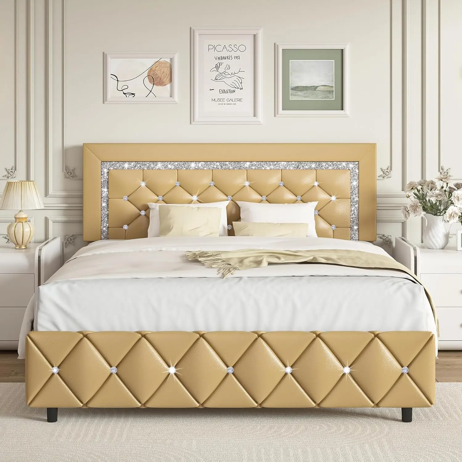 Full Size Bed Frame with Button Tufted Headboard, Upholstered Platform Bed with Crystal Design, Leather Bed Frame for Kids